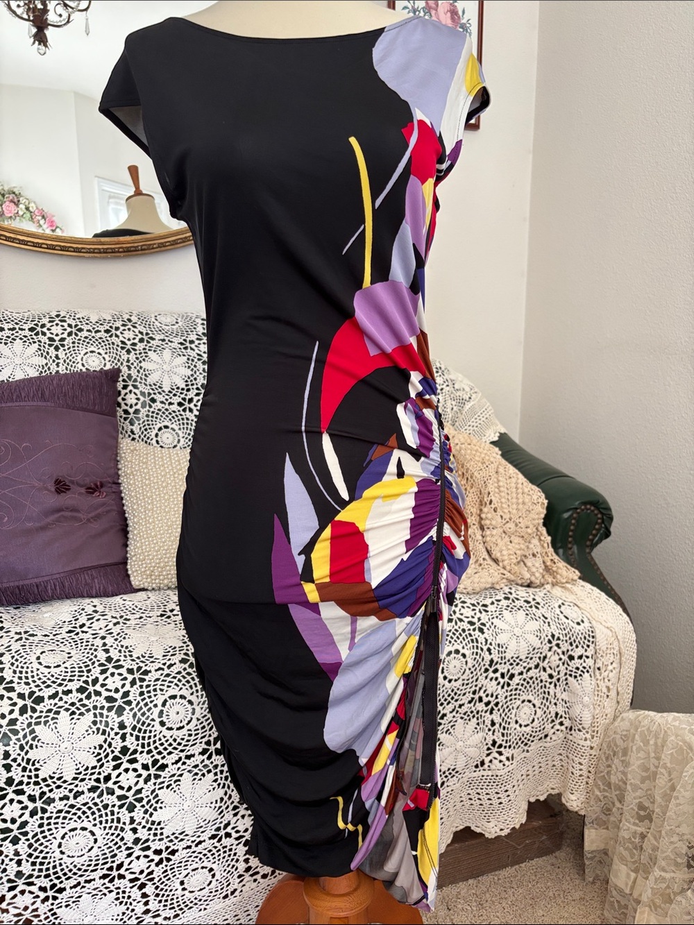 BCBGMaxAzria Black Dress with Purple, Yellow and Red Abstract Print